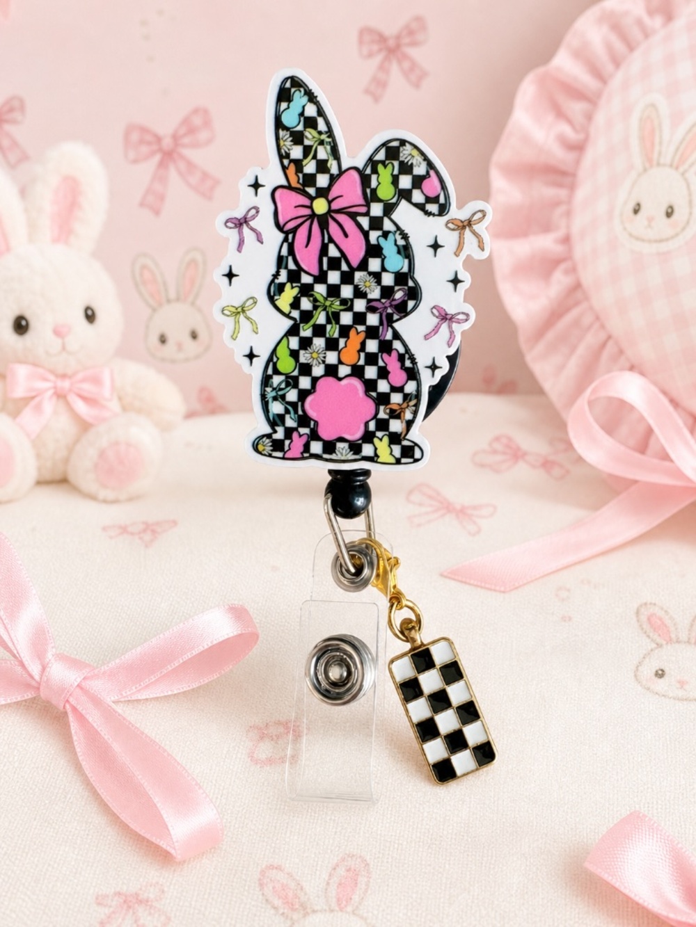 Handmade Checkered Pink Bow Bunny Badge Reel